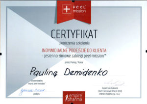 certyfikat indywidualne podejście do klienta, zabiegi peel-mission Paulina Demidenko