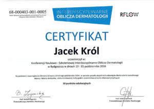 Certyfikat Jacek Król, konferencja naukowo-szkoleniowa, oblicza dermatologii