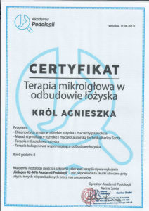 Certyfikat, Król Agnieszka, terapia mikroigłowa w odbudowie łożyska paznokcia