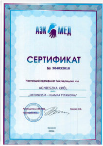 Certyfikat, Agnieszka Król, ortonyksja, klamra tytanowa, dermasana