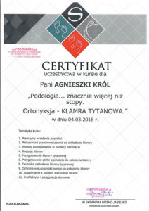 Certyfikat, Agnieszka Król, ortonyksja - klamra tytanowa