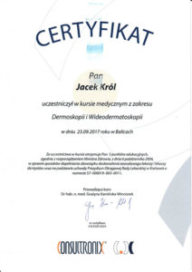 Jacek Król, kurs medyczny z zakresu Dermoskopii i Wideodermoskopii