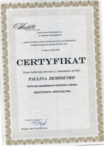 Dyplom Paulina Demidenko, specjalistyczne szkolenie, Mezoterapia Mikroigłowa