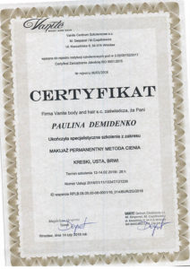 Certyfikat Paulina Demidenko, makijaż permanentny, metoda cienia kreski, usta, brwi